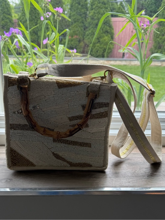 America and beyond Handbags - Beaded Cream Crossbody Shoulder Bag with Bamboo-Style Handles